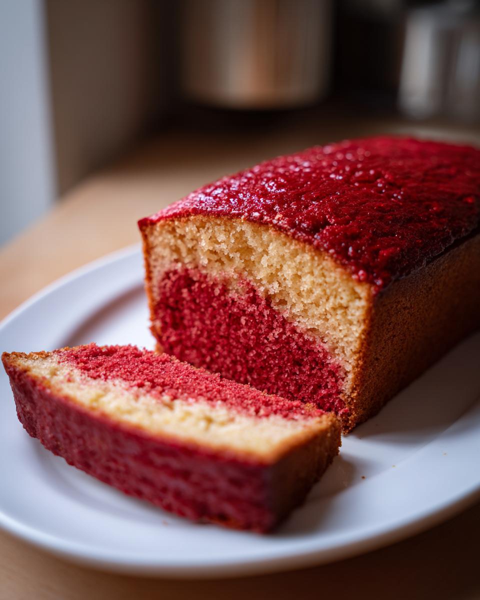 Een heerlijke Red Velvet Pound Cake met een duidelijk zichtbare rode laag en een snee ernaast op een wit bord.
