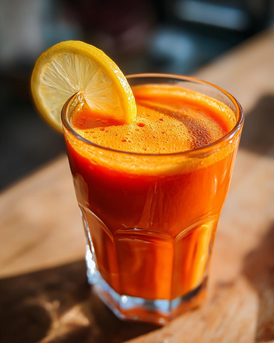 A close-up of a glass filled with vibrant orange carrot juice, topped with foam and garnished with a lemon slice.