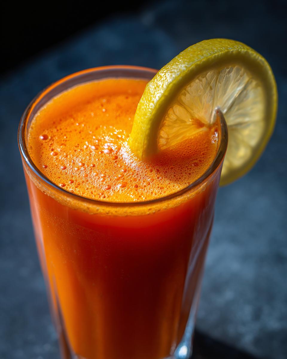 A close-up of a glass filled with vibrant orange carrot juice, garnished with a slice of lemon.
