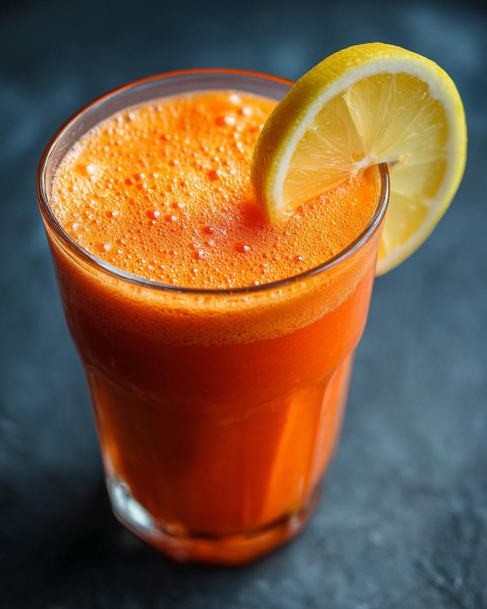 A glass of vibrant, frothy carrot juice garnished with a lemon slice, perfect for a healthy boost.