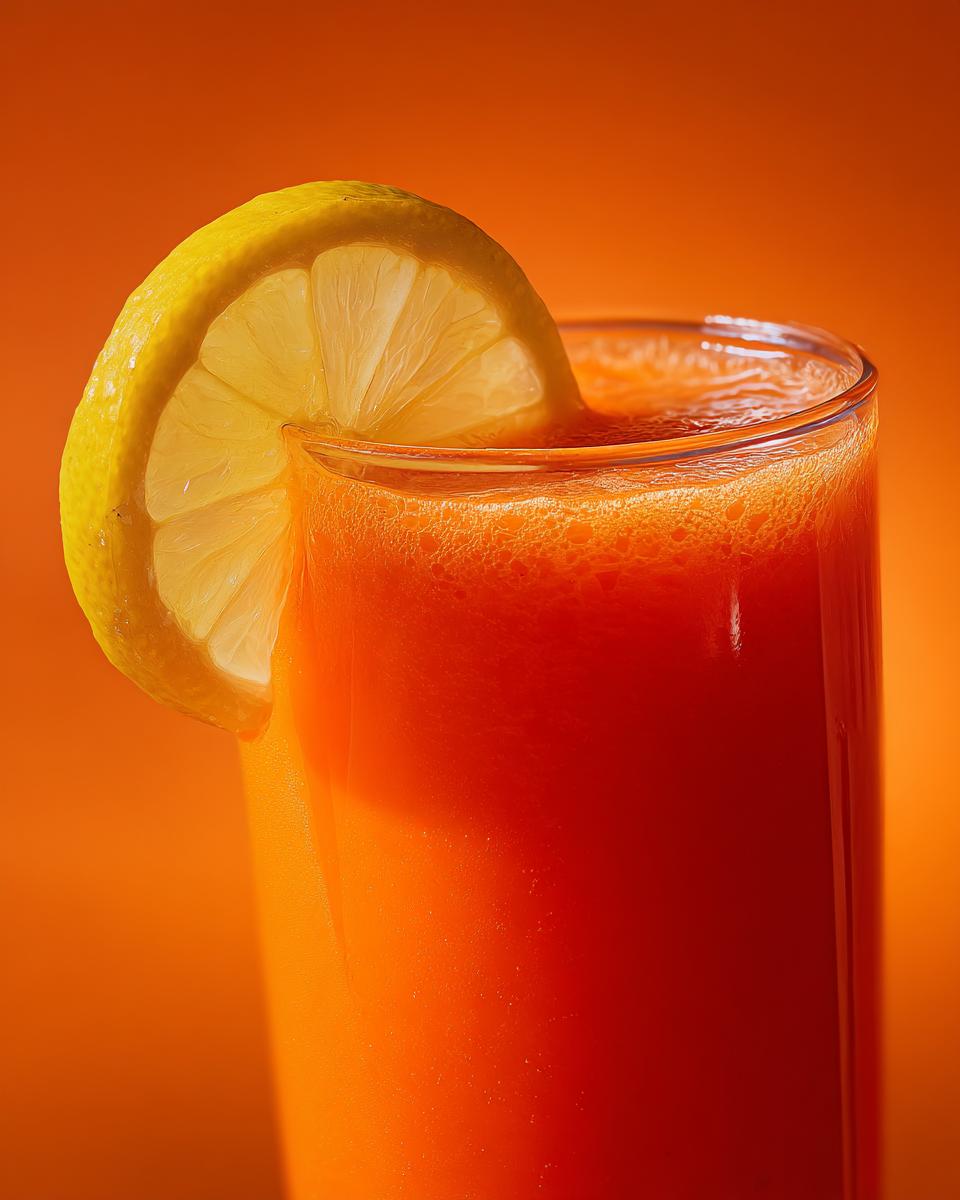 Close-up of a glass filled with vibrant orange carrot juice, topped with foam and garnished with a lemon slice.