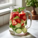 A pitcher filled with refreshing fruit infused water featuring strawberries, cucumber slices, and mint leaves.