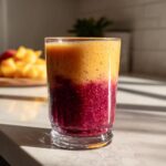 A layered refreshing fruit smoothie in a glass, with a dark berry bottom and a bright orange top.