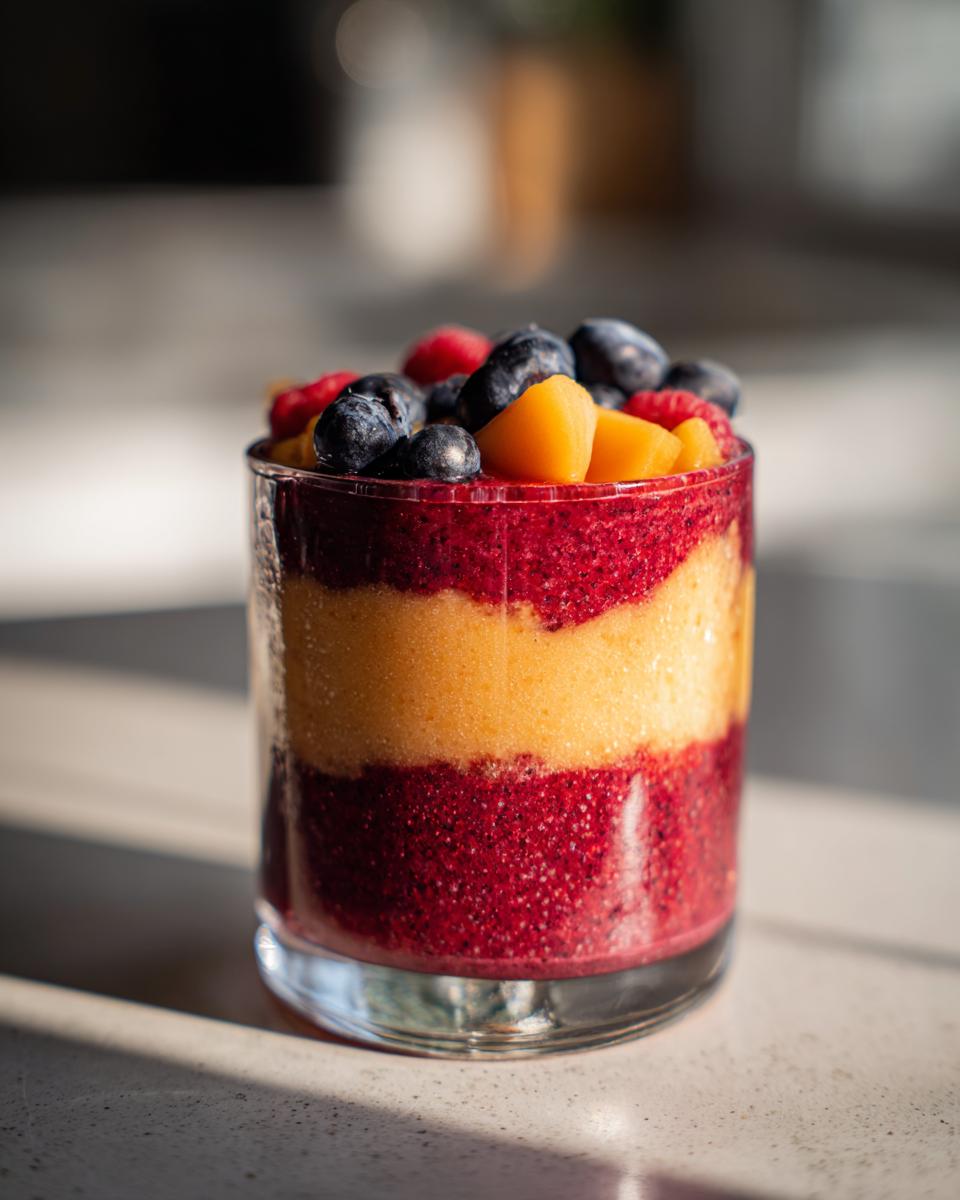 A layered refreshing fruit smoothie in a glass, topped with blueberries, raspberries, and peach slices.