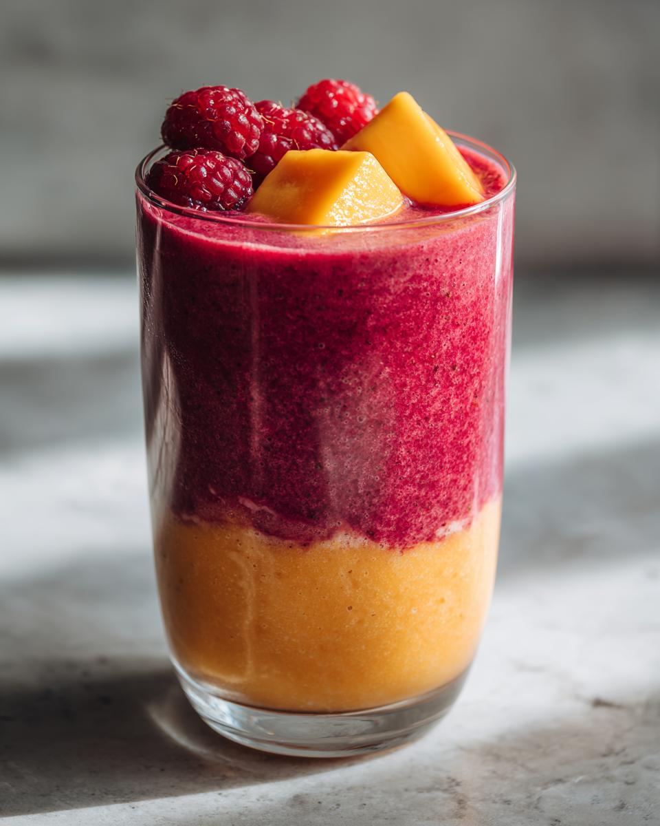 A tall glass of refreshing fruit smoothies, featuring a vibrant two-layered blend of berry and mango, topped with fresh raspberries and mango chunks.
