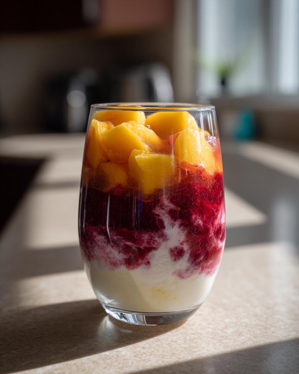 A tall glass filled with layers of creamy yogurt, vibrant berry puree, and fresh peach chunks, showcasing refreshing fruit smoothies.