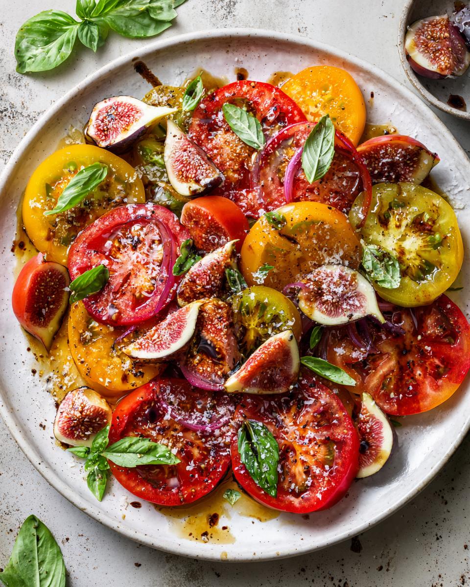 A vibrant Refreshing Heirloom Tomato Salad With Fig Balsamic Bliss, featuring sliced heirloom tomatoes, fresh figs, red onion, and basil.