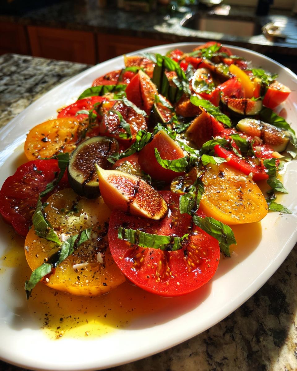A vibrant and refreshing heirloom tomato salad with fresh figs, basil, and a drizzle of balsamic glaze.