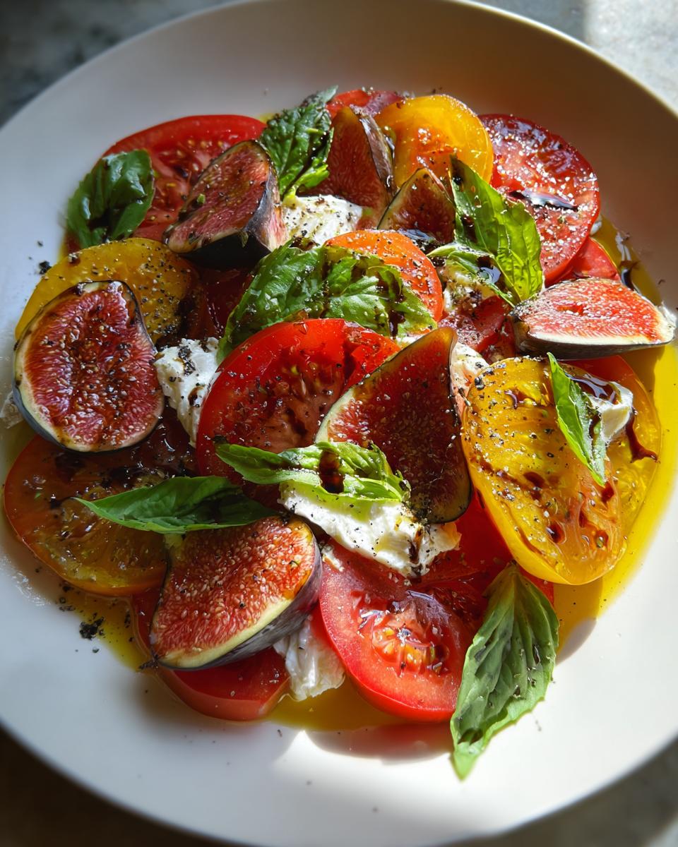 Close-up of a refreshing heirloom tomato salad with fresh figs, mozzarella, basil, and balsamic glaze.