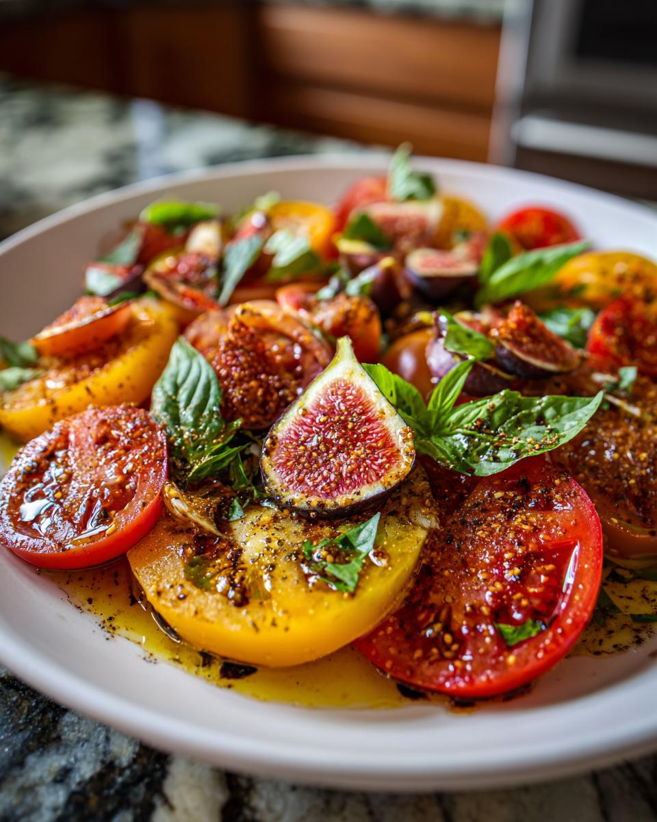 Close-up of a Refreshing Heirloom Tomato Salad with sliced figs, fresh basil, and a balsamic glaze.