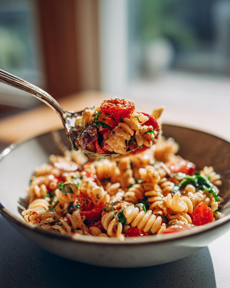 A spoonful of Refreshing Italian Pasta Salad with fusilli pasta, cherry tomatoes, red onion, and fresh herbs.