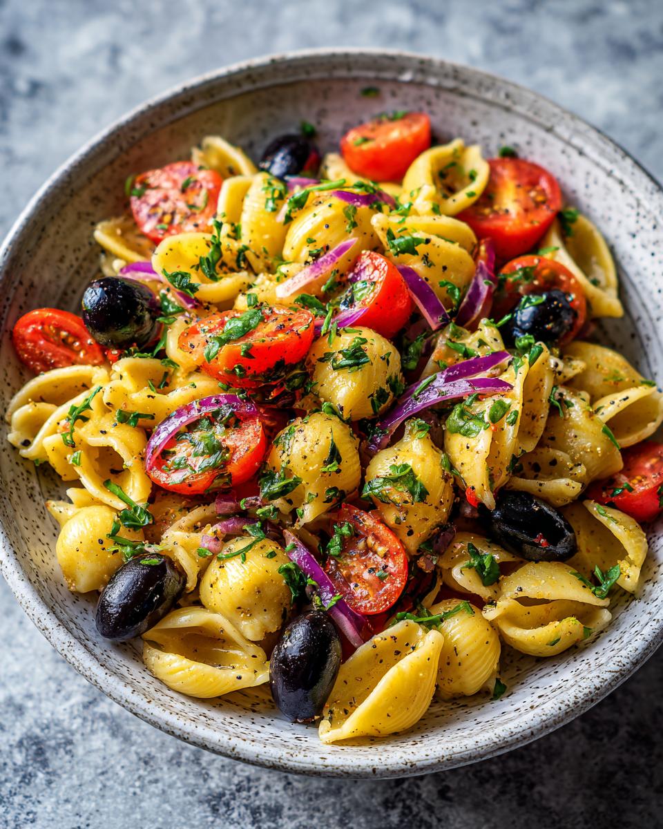 A close-up of a Refreshing Italian Pasta Salad with shell pasta, cherry tomatoes, black olives, and red onion.