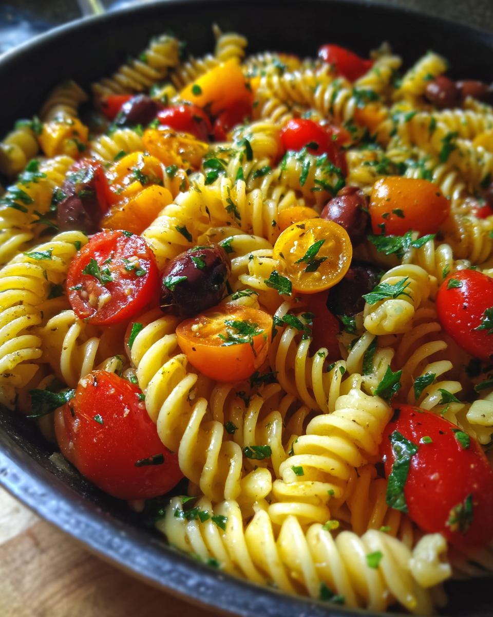 Close-up of a refreshing Italian pasta salad with fusilli pasta, cherry tomatoes, olives, and parsley.