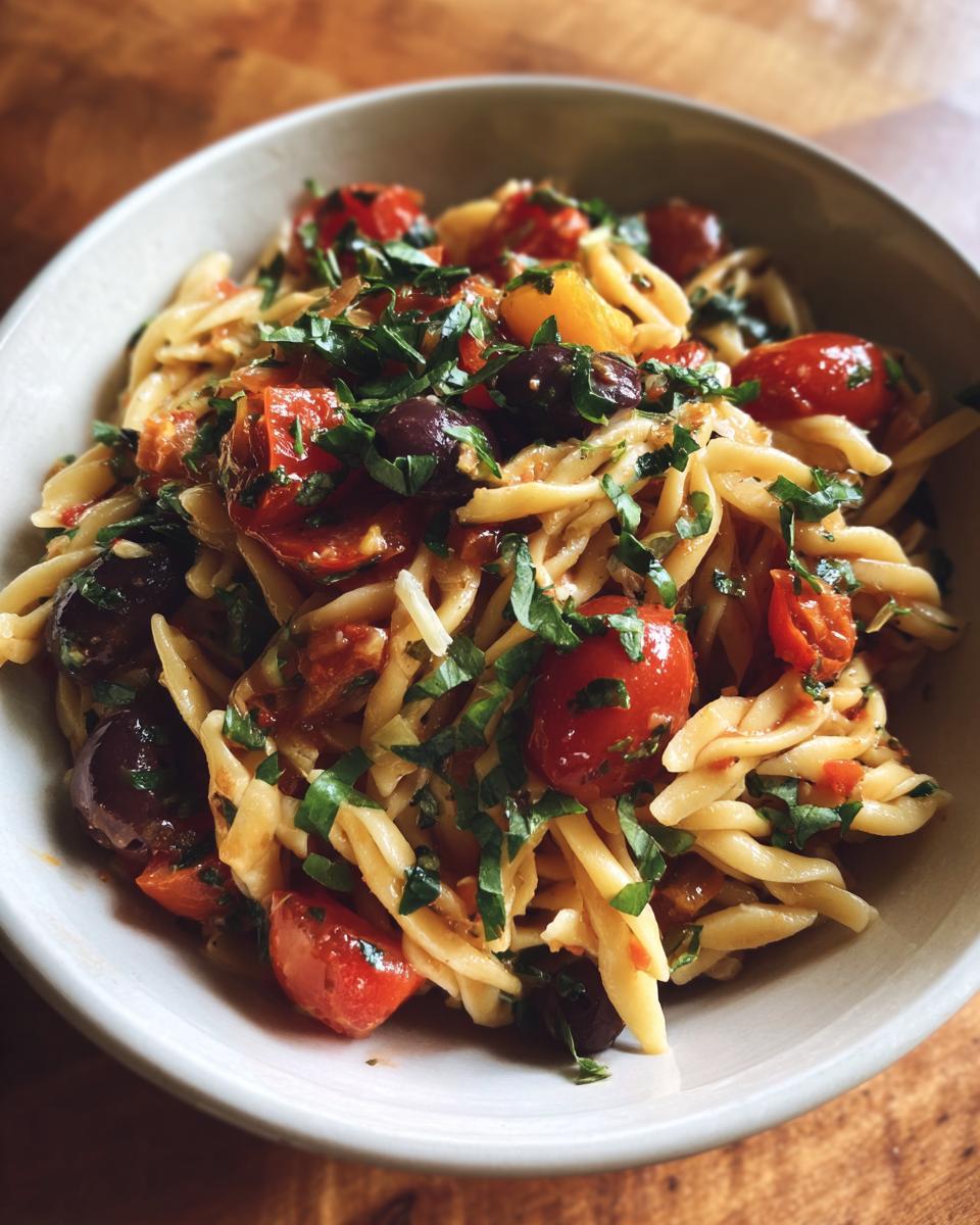 A close-up of a bowl filled with a Refreshing Italian Pasta Salad Recipe For Summer Bliss, featuring fusilli pasta, cherry tomatoes, olives, and fresh herbs.