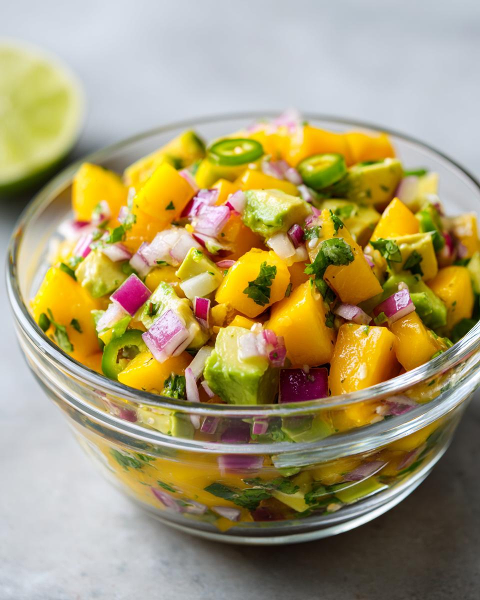 A close-up of a bowl filled with refreshing mango avocado salsa, featuring diced mango, avocado, red onion, jalapeño, and cilantro.
