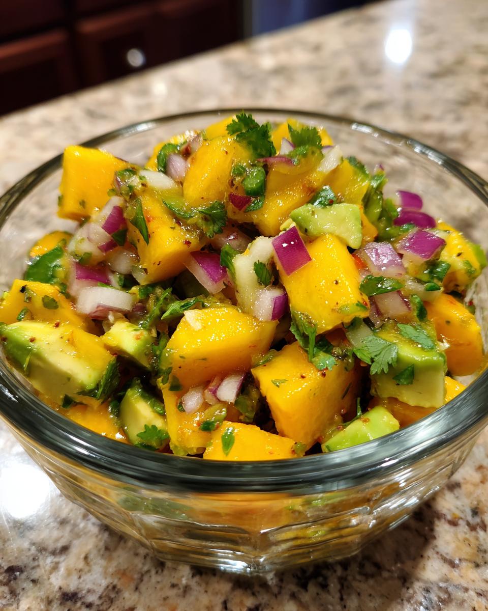 Close-up of a bowl filled with refreshing mango avocado salsa, featuring diced mango, avocado, red onion, and cilantro.