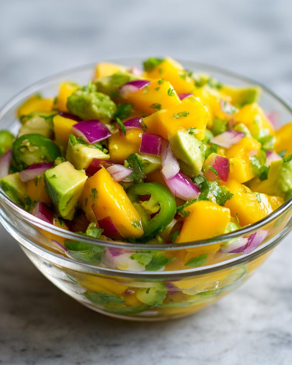Close-up of a glass bowl filled with a refreshing mango avocado salsa, featuring diced mango, avocado, red onion, and jalapeño.