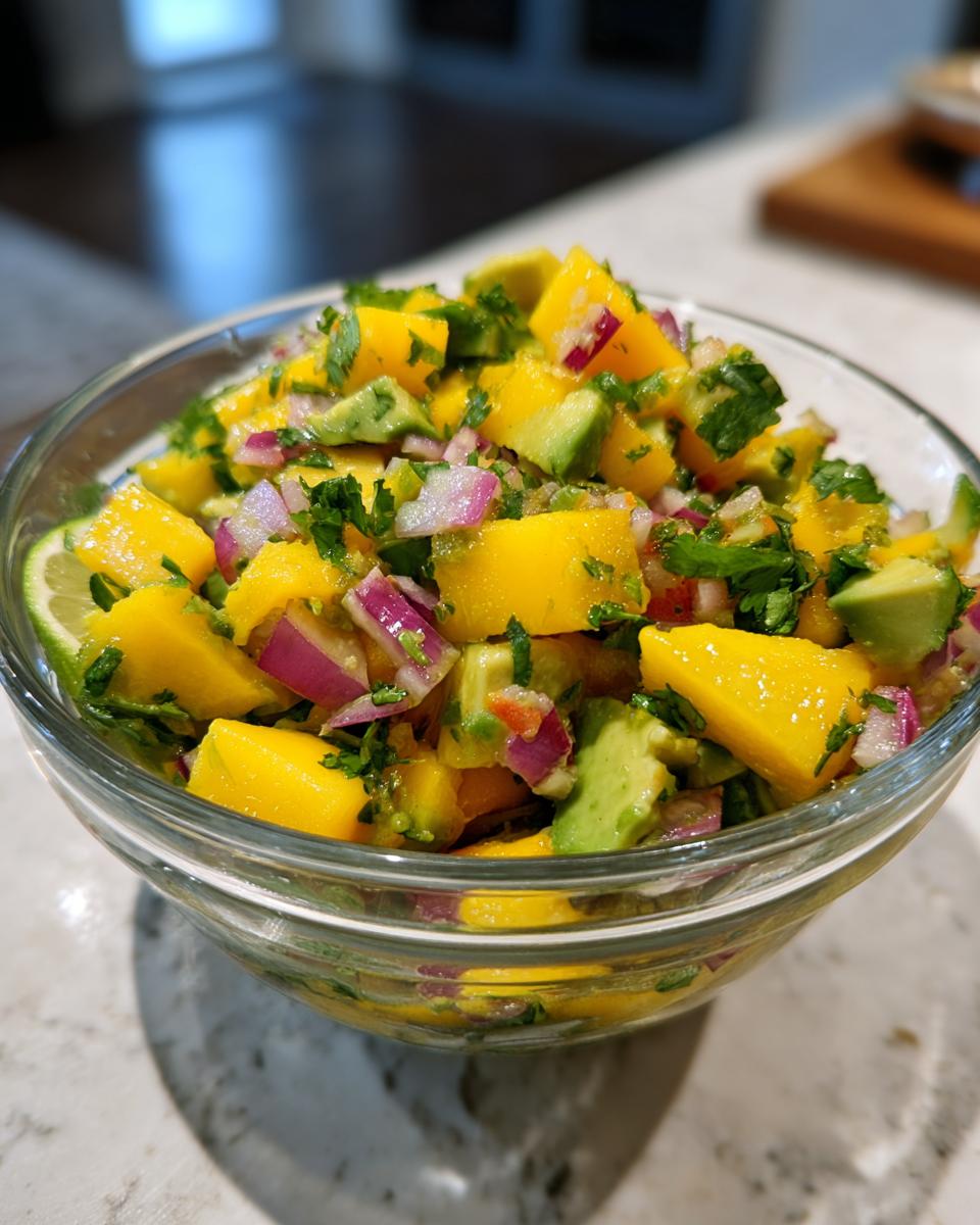 Close-up of a glass bowl filled with refreshing mango avocado salsa, featuring diced mango, avocado, red onion, and cilantro.