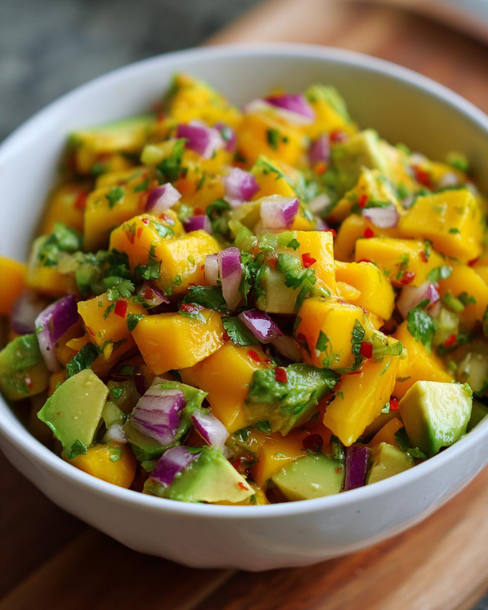 A close-up of a bowl filled with refreshing mango salsa with avocado, red onion, cilantro, and chili flakes.