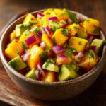 Close-up of a bowl filled with refreshing mango salsa with avocado, red onion, and cilantro.