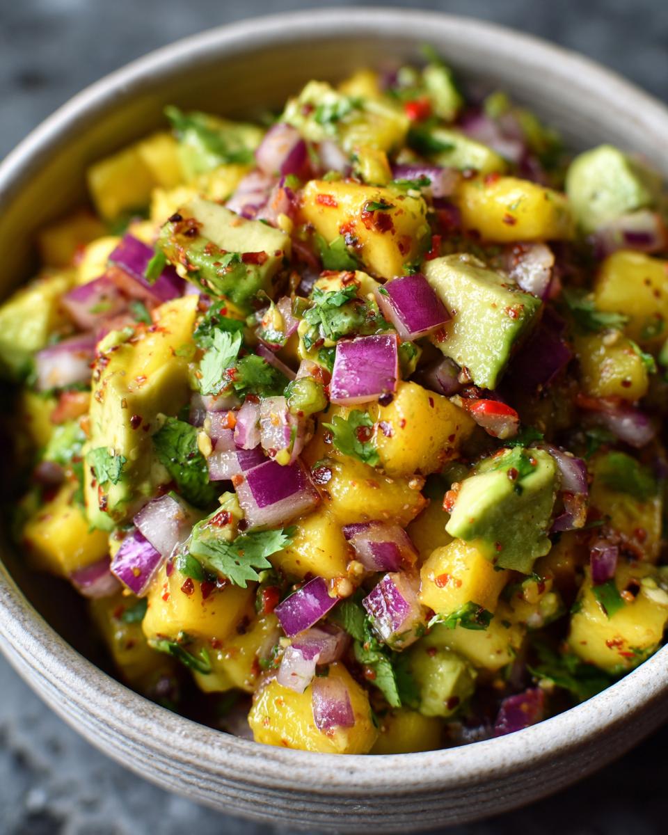 Close-up of a bowl filled with refreshing mango salsa with avocado, red onion, cilantro, and chili flakes.