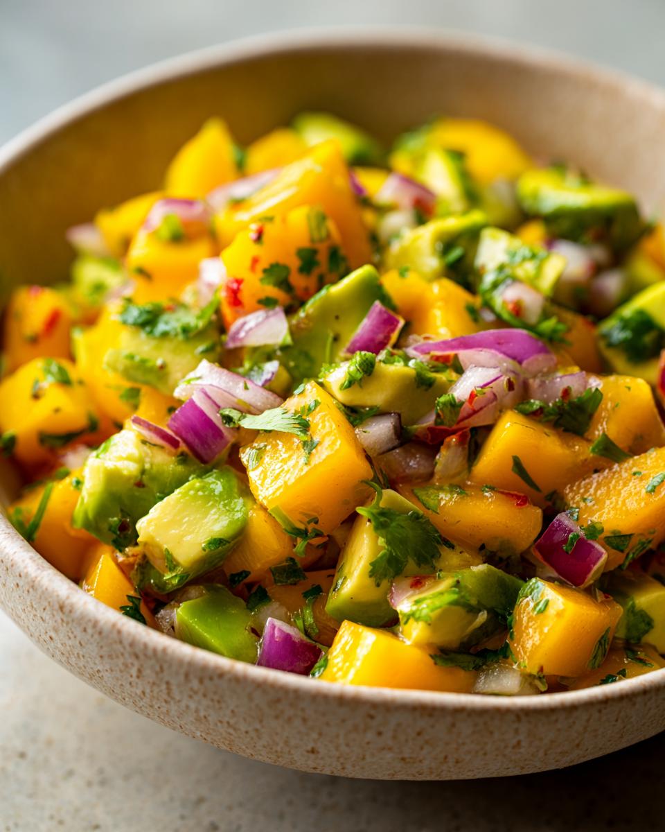 Close-up of a bowl of refreshing mango salsa with avocado, red onion, cilantro, and chili peppers.