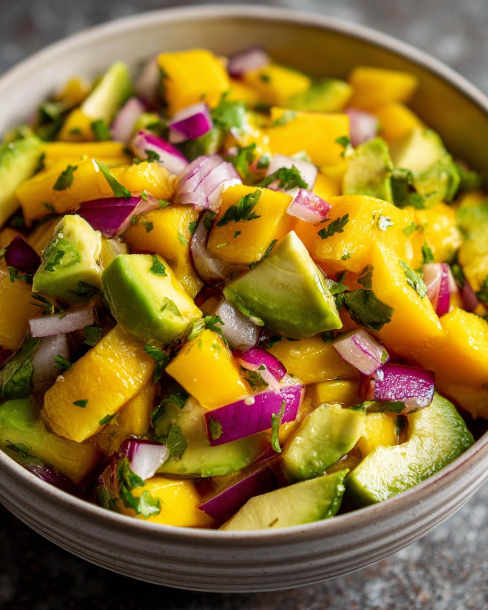 Close-up of a bowl filled with refreshing mango salsa with avocado, red onion, and cilantro.