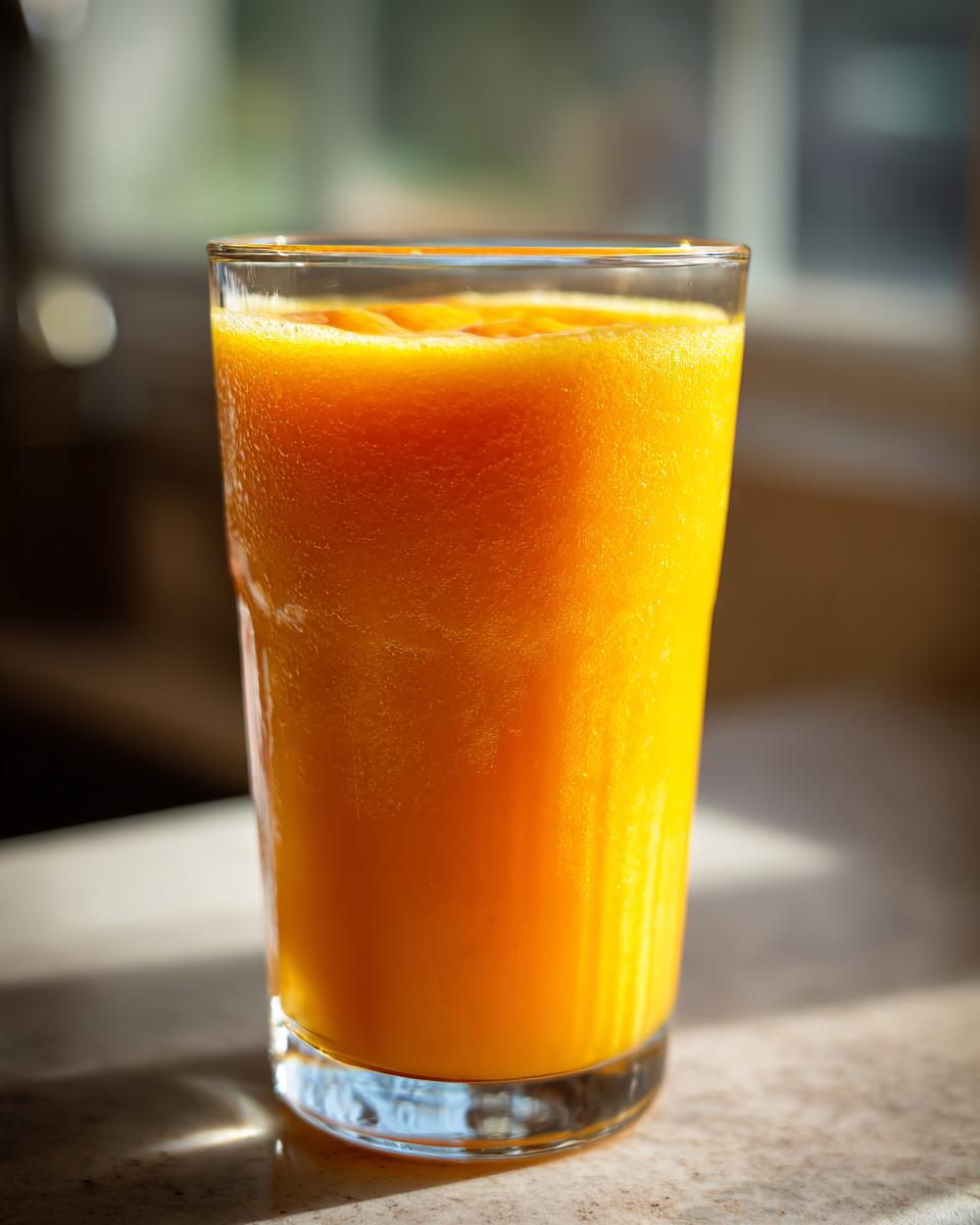 A tall glass filled with a vibrant orange smoothie, perfect for a refreshing papaya orange smoothie recipe.