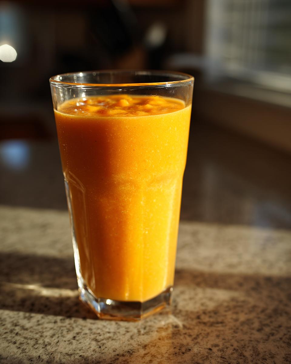 A tall glass filled with a vibrant orange smoothie, featuring papaya and orange, perfect for a refreshing start.