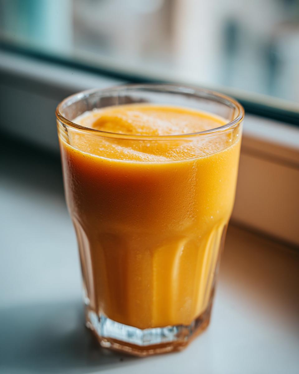 A close-up of a glass filled with a vibrant, orange Refreshing Papaya Orange Smoothie.