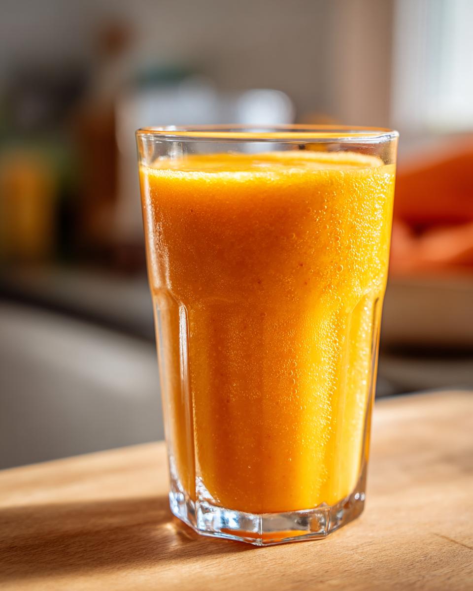 A tall glass filled with a vibrant, frothy Refreshing Papaya Orange Smoothie, catching the morning light.