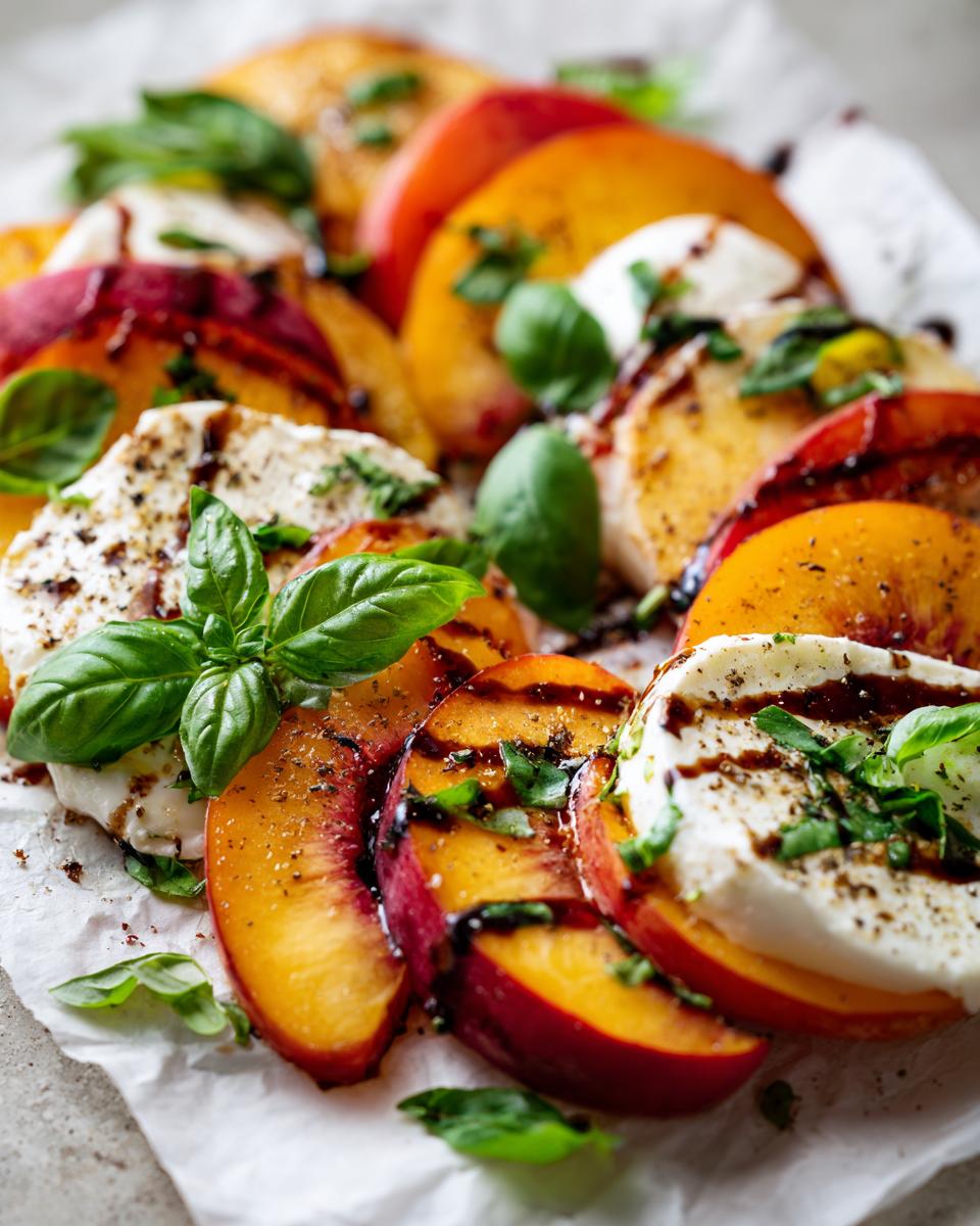 Close-up of a refreshing peach burrata salad with grilled peaches, creamy burrata cheese, fresh basil, and a balsamic drizzle.