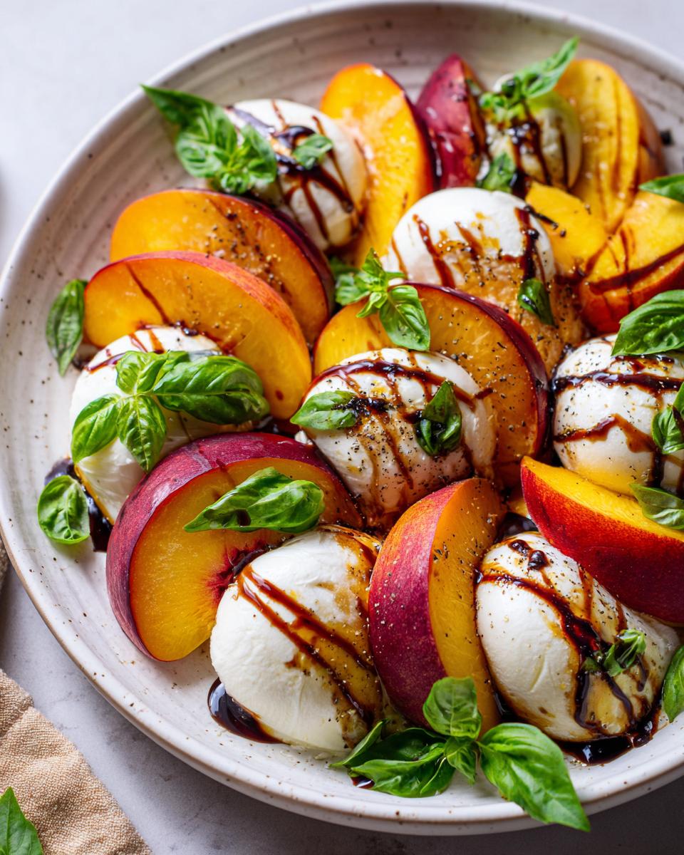 Close-up of a refreshing peach burrata salad with fresh basil and a balsamic drizzle.