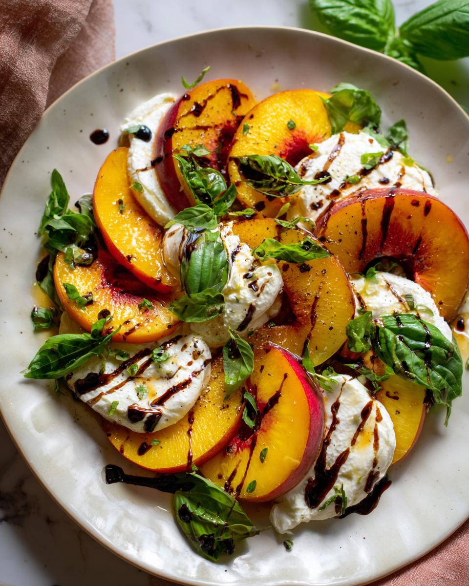 Close-up of a Refreshing Peach Burrata Salad with slices of ripe peaches, creamy burrata cheese, fresh basil, and a balsamic drizzle.