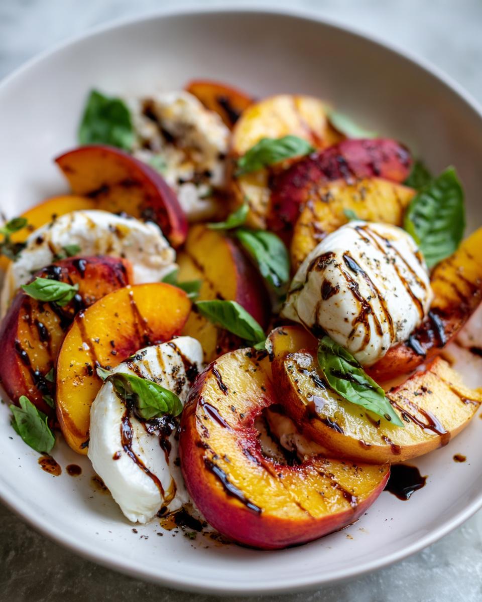 Close-up of a refreshing peach burrata salad with grilled peaches, creamy burrata cheese, fresh basil, and a balsamic drizzle.