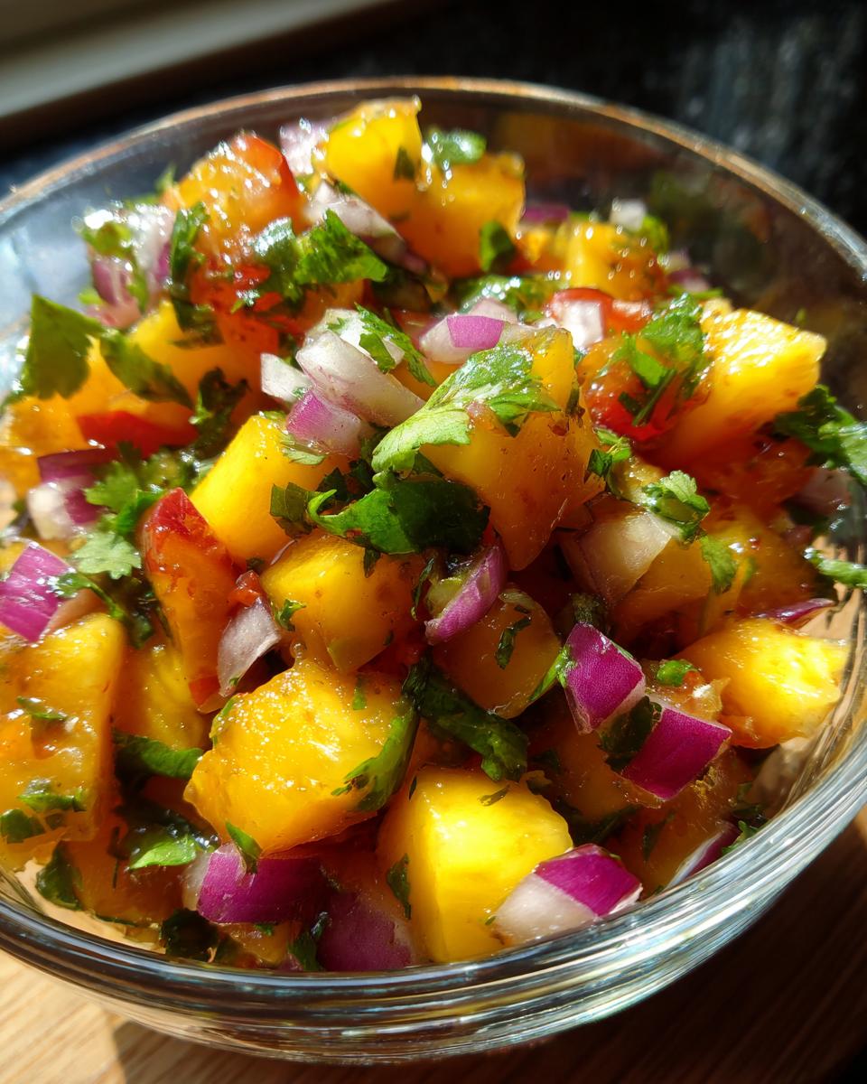 Close-up of a bowl filled with a vibrant and refreshing peach salsa recipe, featuring diced peaches, red onion, and cilantro.