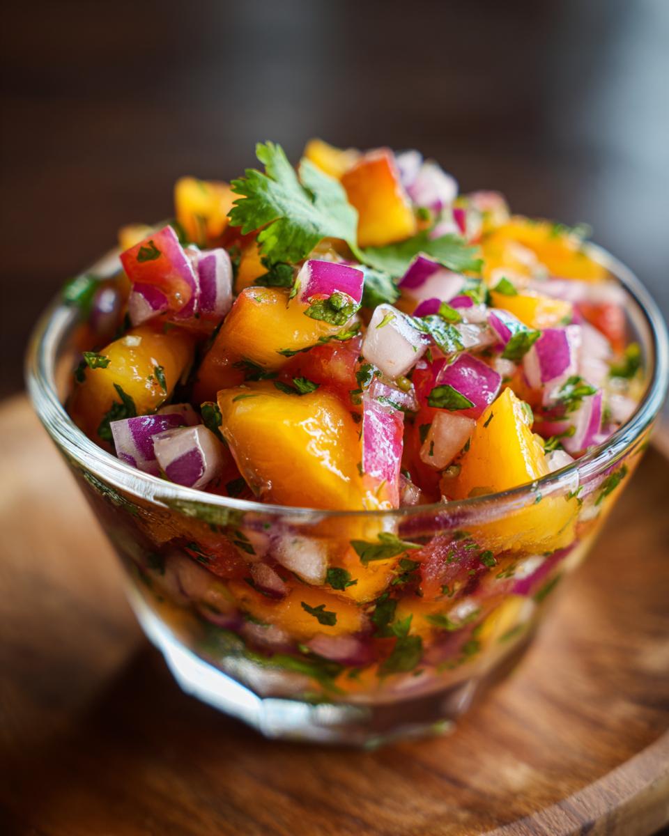 Close-up of a glass bowl filled with refreshing peach salsa, featuring diced peaches, red onion, cilantro, and tomatoes.