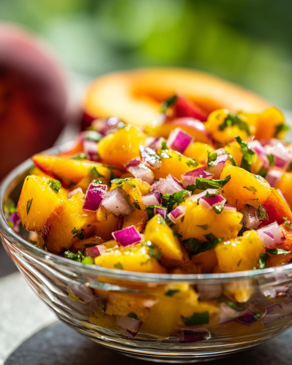 A close-up shot of a refreshing peach salsa recipe in a glass bowl, featuring diced peaches, red onion, and cilantro.