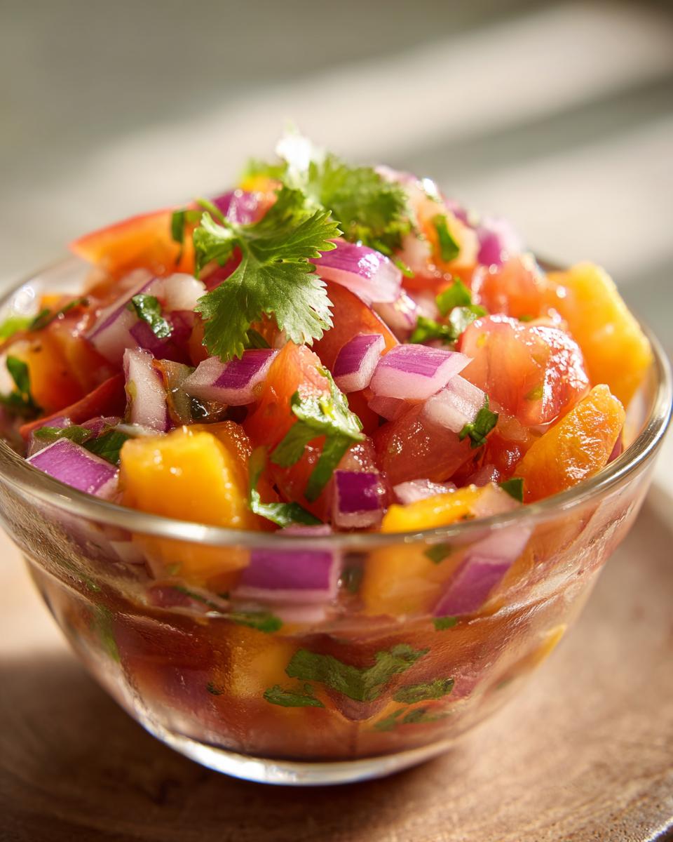Close-up of a glass bowl filled with a vibrant Refreshing Peach Salsa Recipe, featuring diced peaches, tomatoes, red onion, and cilantro.