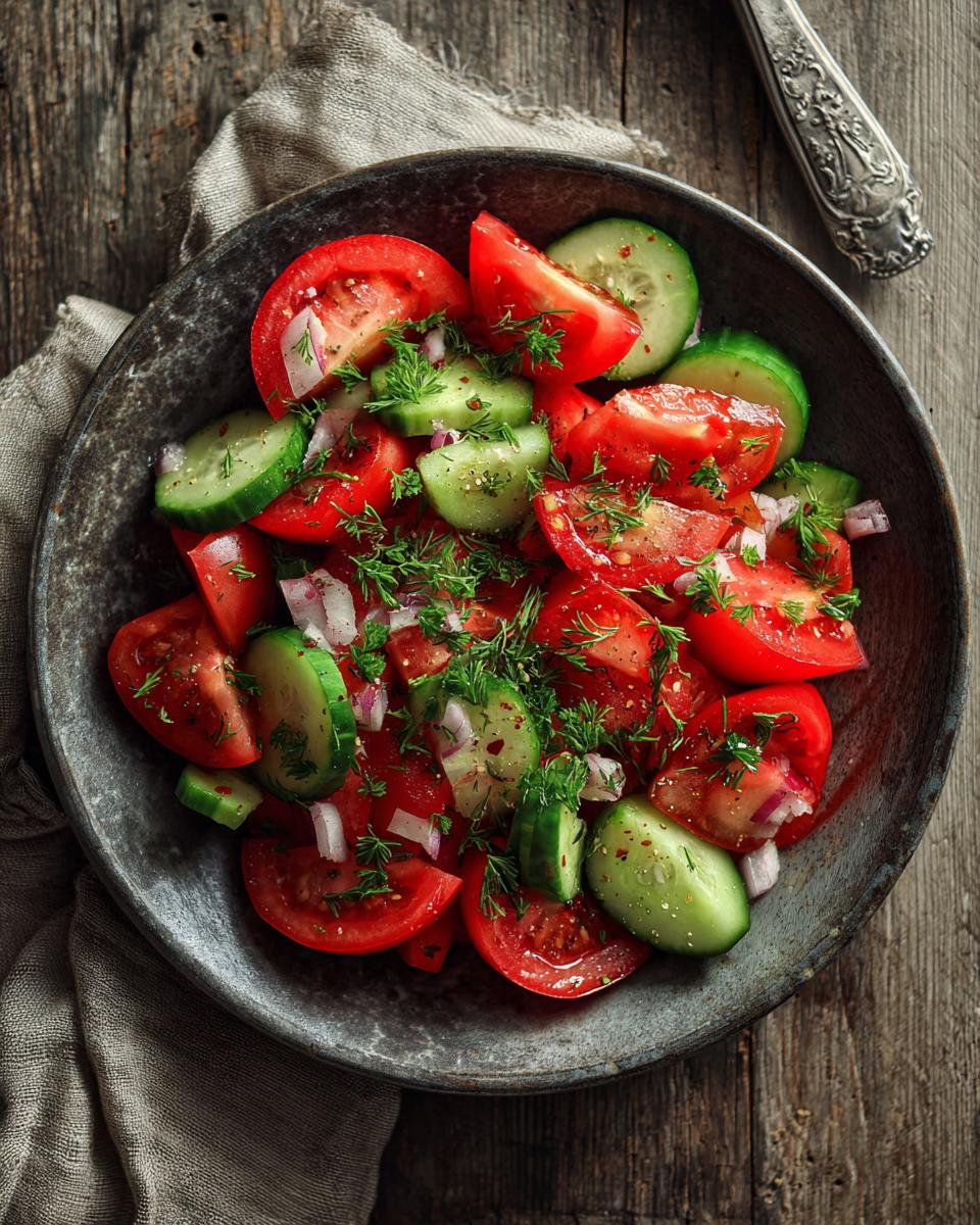 A bowl of refreshing tomato cucumber salad with red onion and dill, seasoned with pepper.