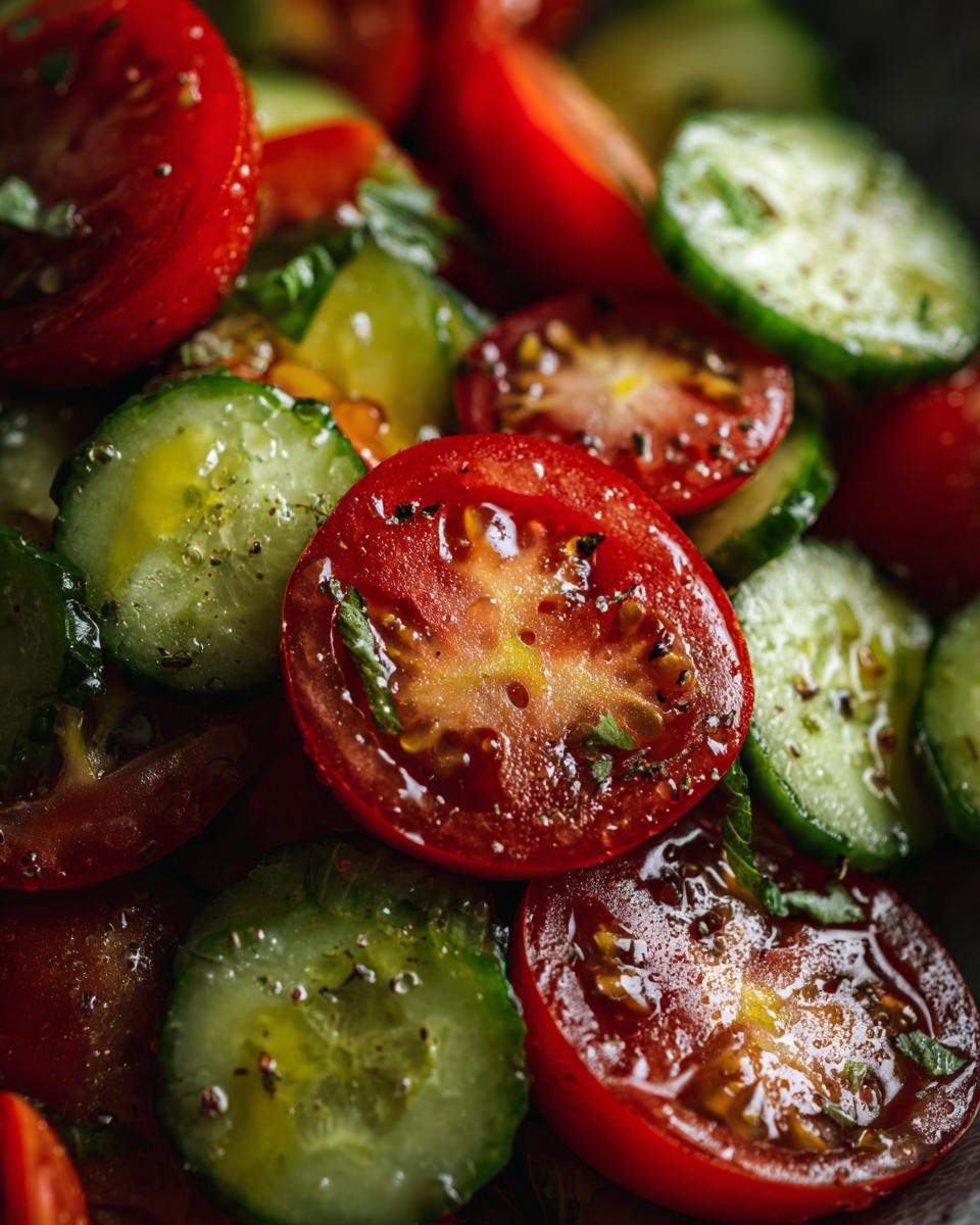 Close-up of a refreshing tomato cucumber salad, showcasing sliced tomatoes and cucumbers with herbs and dressing.