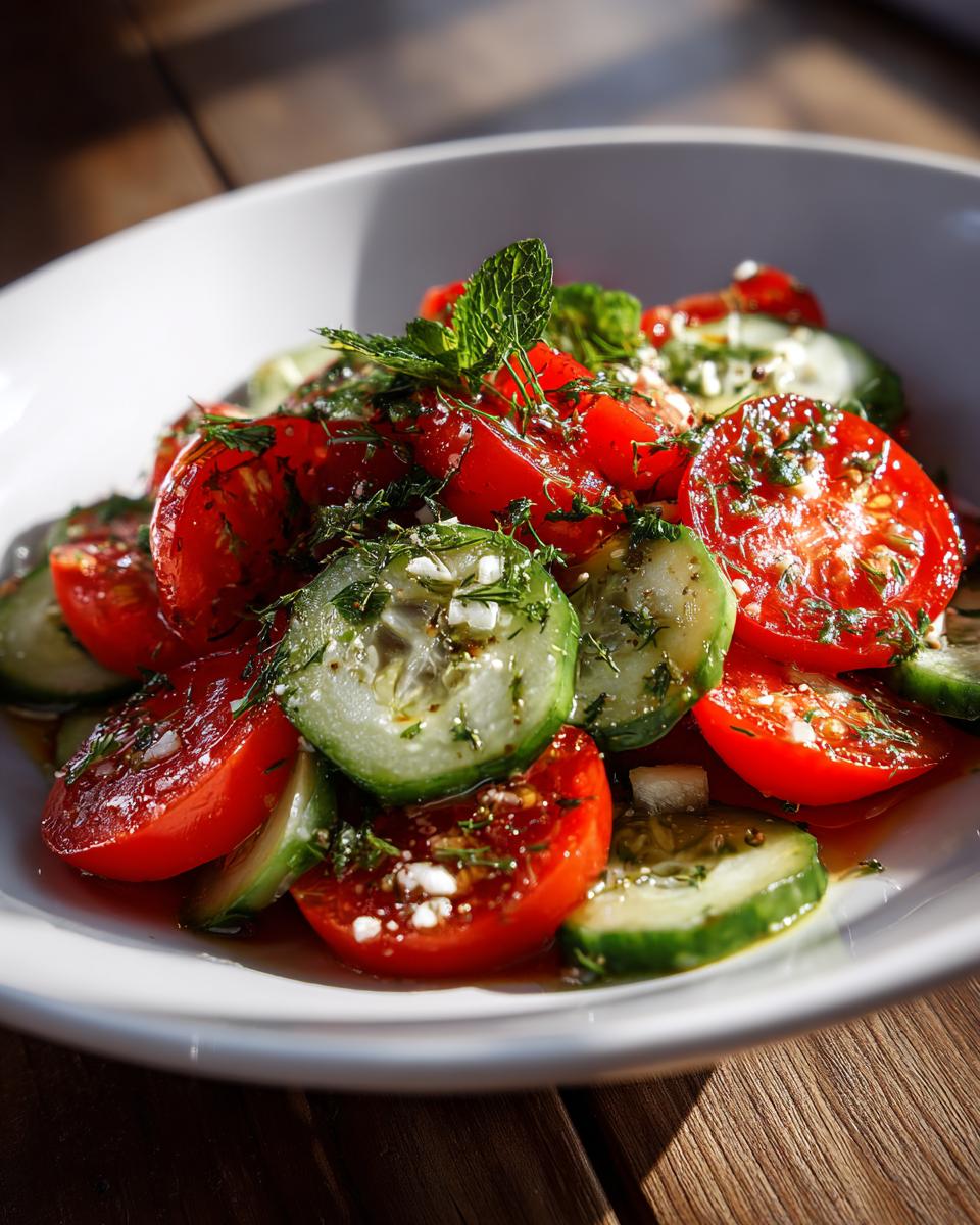 A close-up of a Refreshing Tomato Cucumber Salad, featuring sliced tomatoes and cucumbers with fresh herbs and dressing.