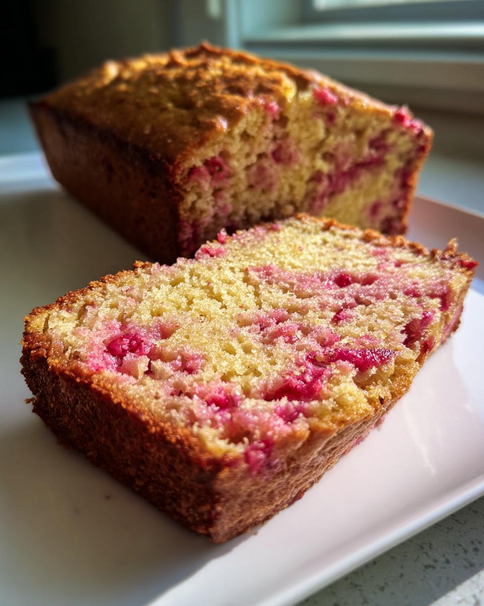 A close-up of a slice of Best Ever Rhubarb Quick Bread, showcasing its moist crumb and vibrant pink rhubarb pieces.