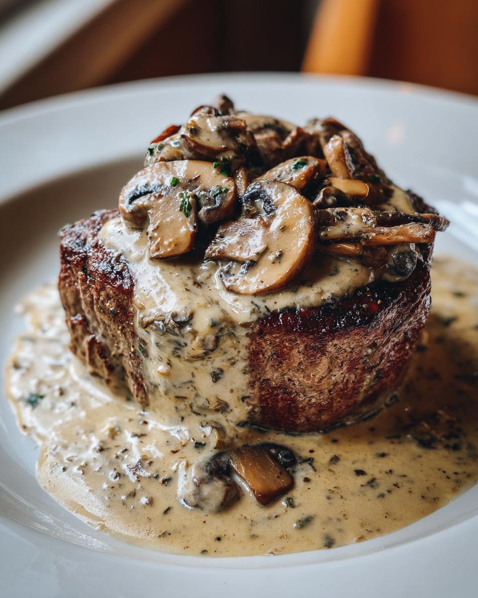 Close-up van romige Boursin Filet Mignon met champignons, overgoten met saus.
