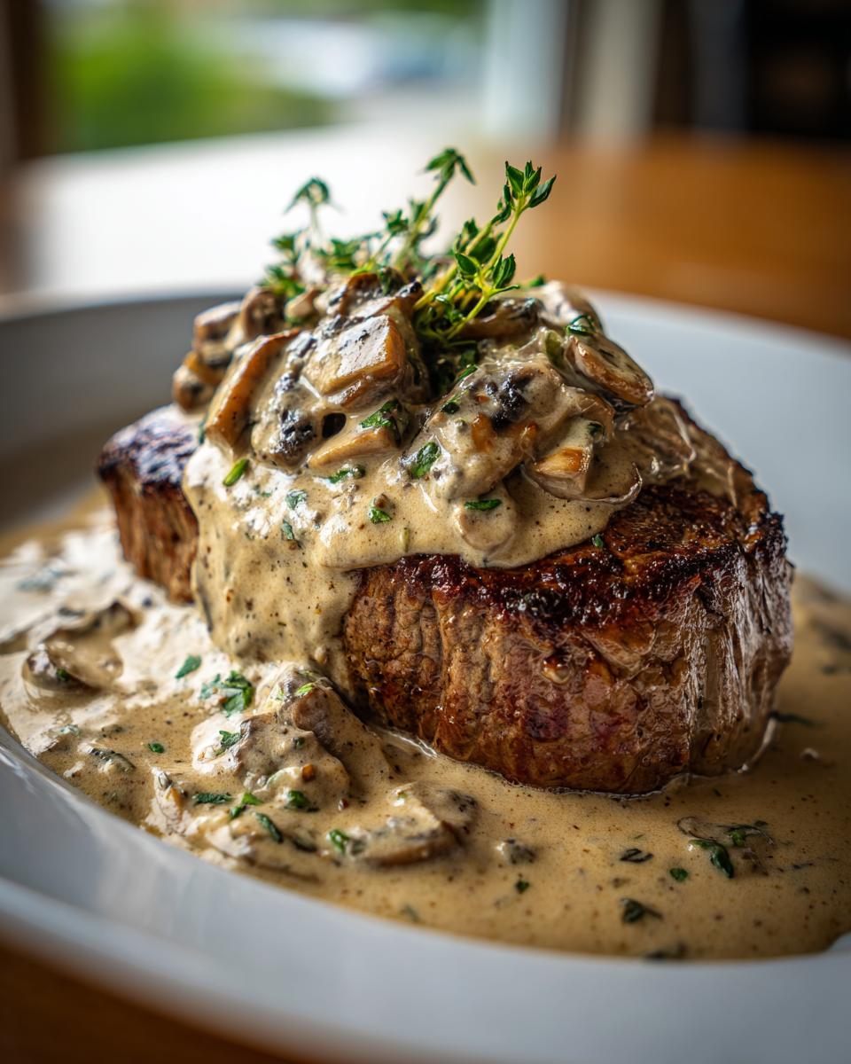 Close-up van een romige Boursin Filet Mignon met champignons en verse kruiden.