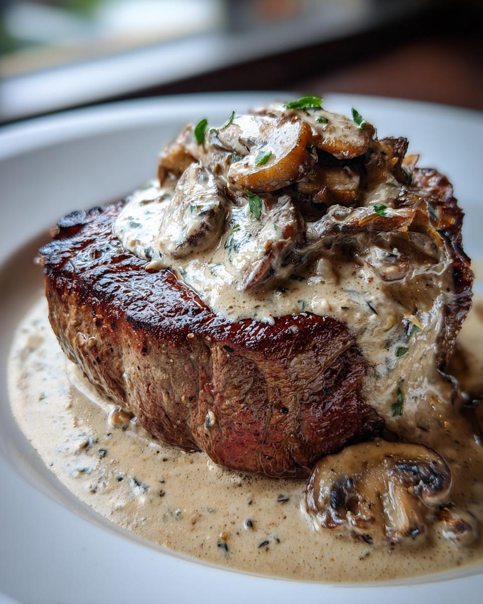Close-up van een romige Boursin Filet Mignon met champignons, geserveerd op een wit bord met saus.