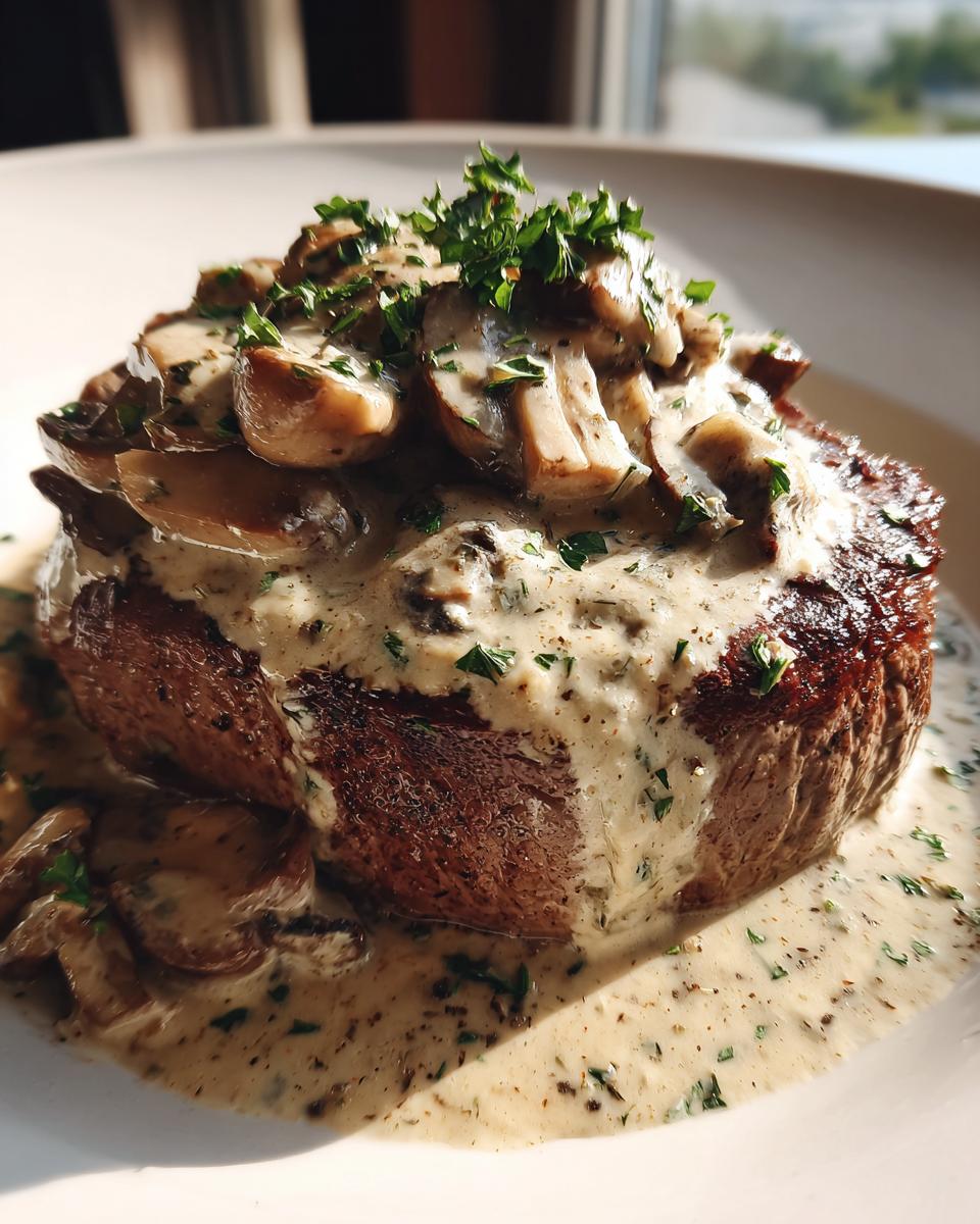 Close-up van een romige Boursin Filet Mignon met champignons, gegarneerd met peterselie.