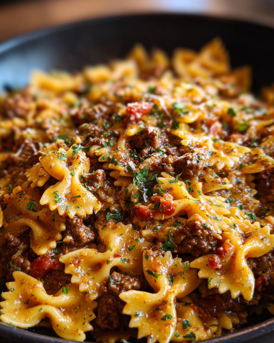 Close-up van romige Cajun cheesy bowtie pasta met rundvlees, gegarneerd met peterselie.