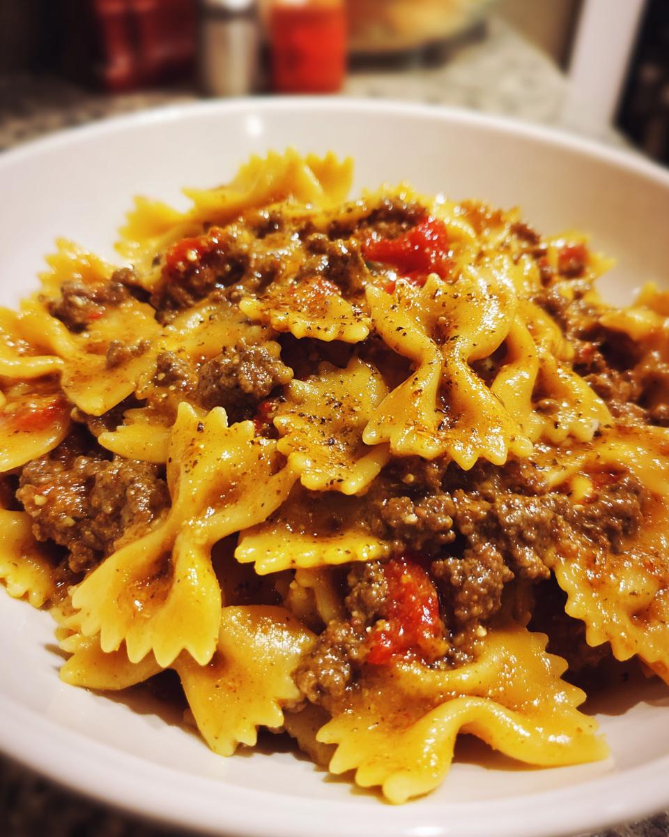 Close-up van romige Cajun cheesy bowtie pasta met rundvlees en stukjes tomaat, bestrooid met zwarte peper.
