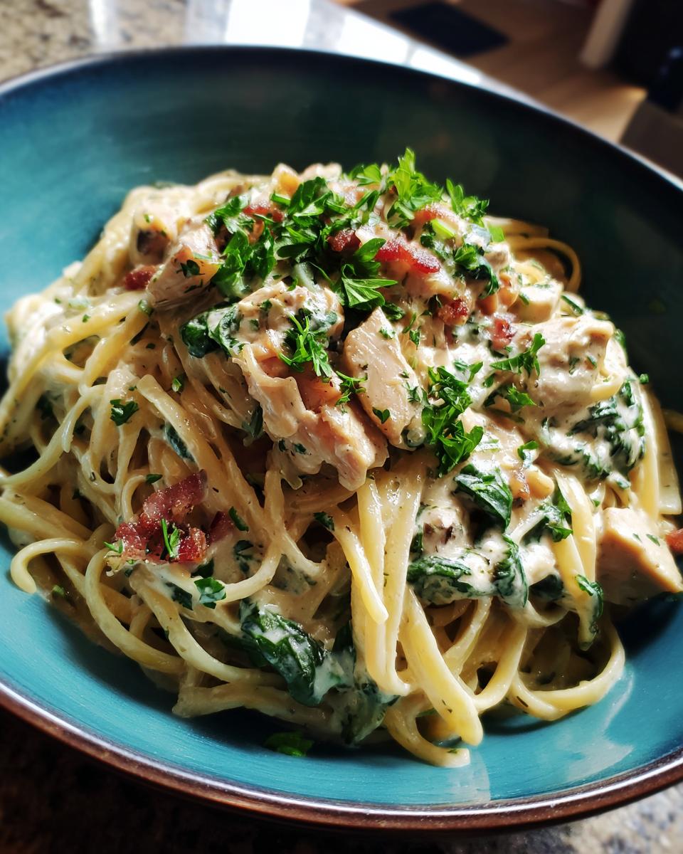 Close-up van romige kip Alfredo pasta met spinazie en knapperige bacon, gegarneerd met peterselie.